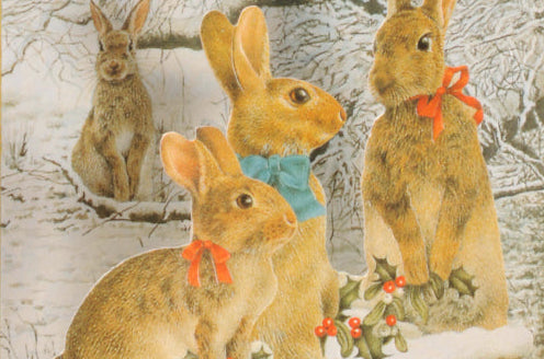 Illustration of rabbits with holly berries in a snowy landscape